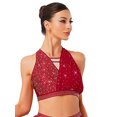 thumbnail image 4 of Sholeno Womens Sparkly Rhinestone Dance Crop Tank Tops Ruched Chiffon Cropped Blouses Activewear Burgundy L, 4 of 7
