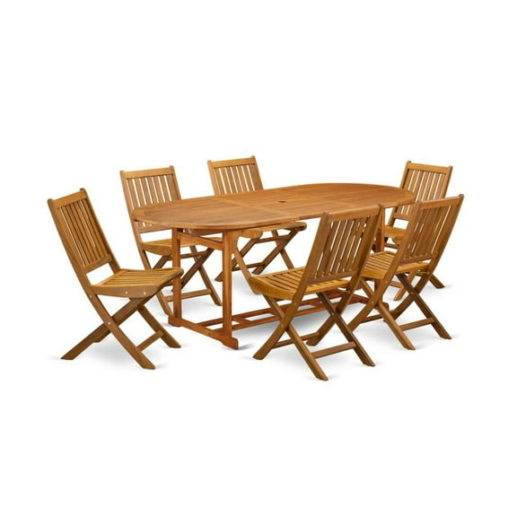East West Furniture Beasley 7-piece Patio Dining Set w/ Slat Back in Natural Oil