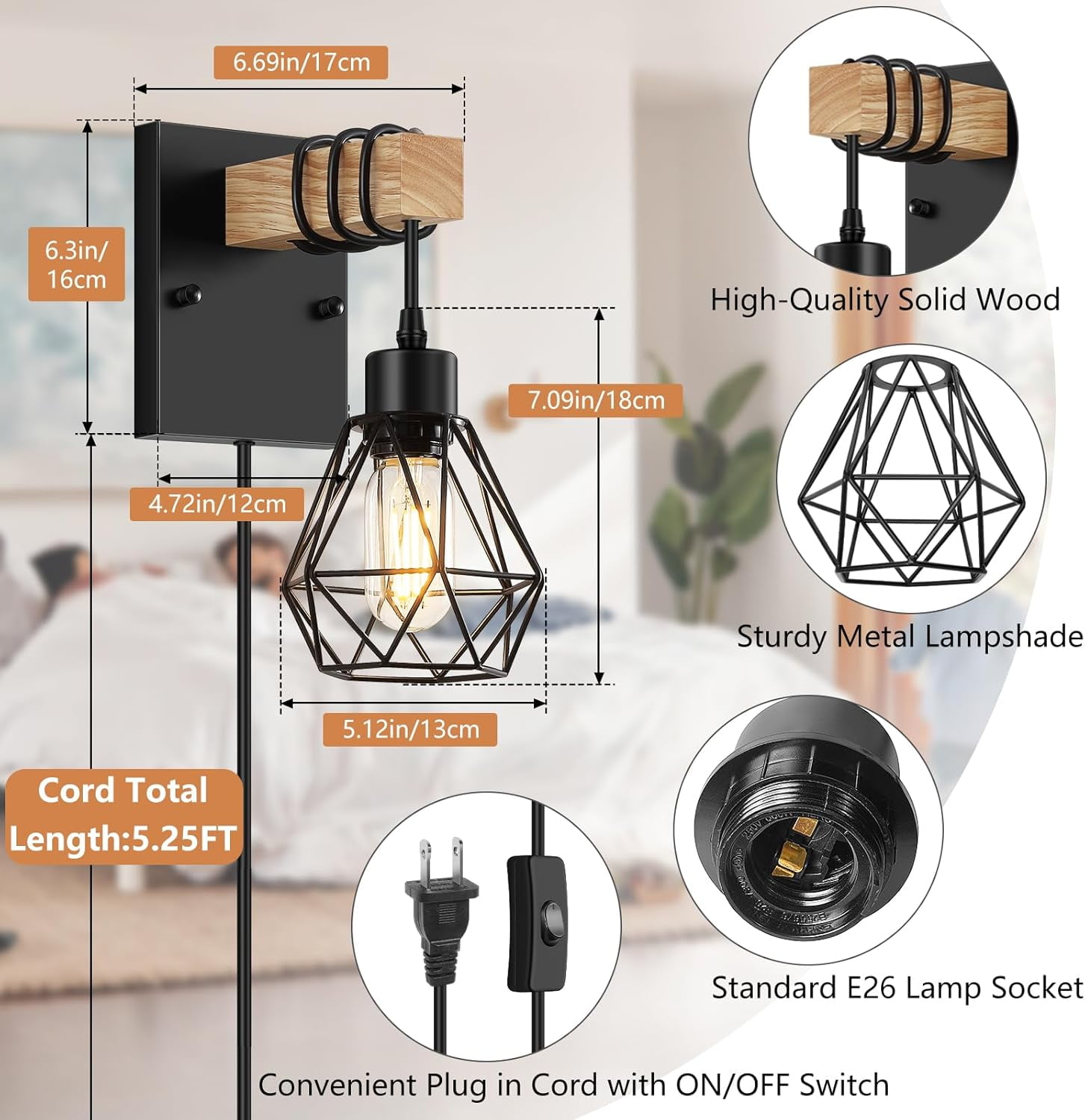 Plug in Wall Sconces Set of 2 Wood Light Fixtures Industrial Farmhouse Wall Lamps with 5.25FT on/off Switch Cord for Bedroom Living Room