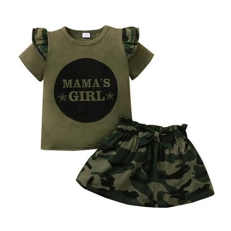 

IROINNID Girls Summer Short Sleeve Letter Print Tops Camouflage Skirt Set