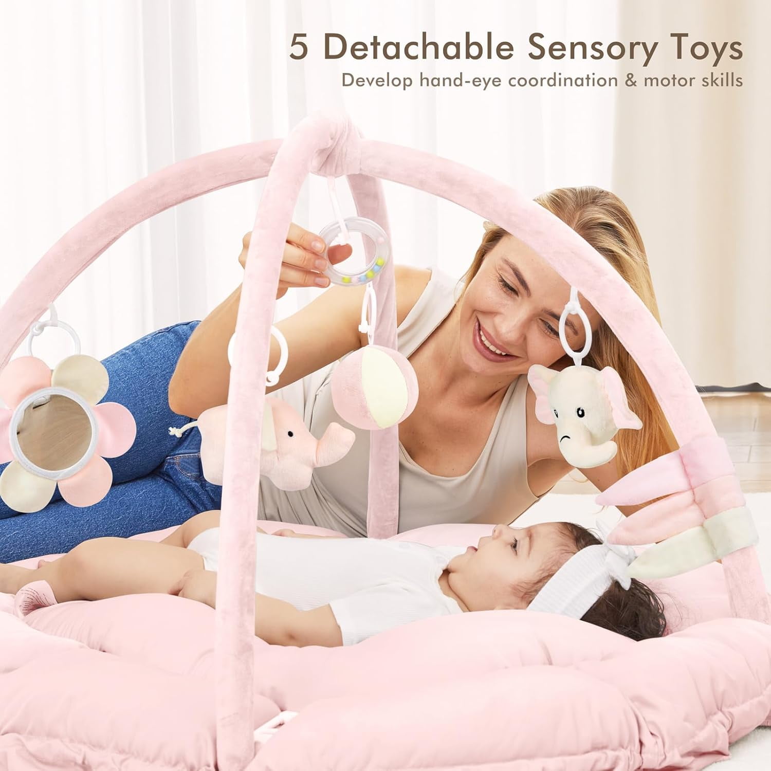 5 in 1   Gym Mat, Reversible Tummy  Mat with 5 Sensory Toys for Stage-Based Developmental, Thick & Large  Activity Center from Newborn to Toddler (Pink)