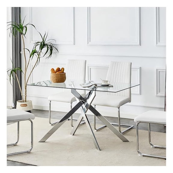 51.18" Rectangular Glass Dining Table, Tempered Glass Kitchen Tabe with Metal Legs, Stylish and Sturdy Dinner Table for Home and Outdoor Dining (Silver, 51.18'')