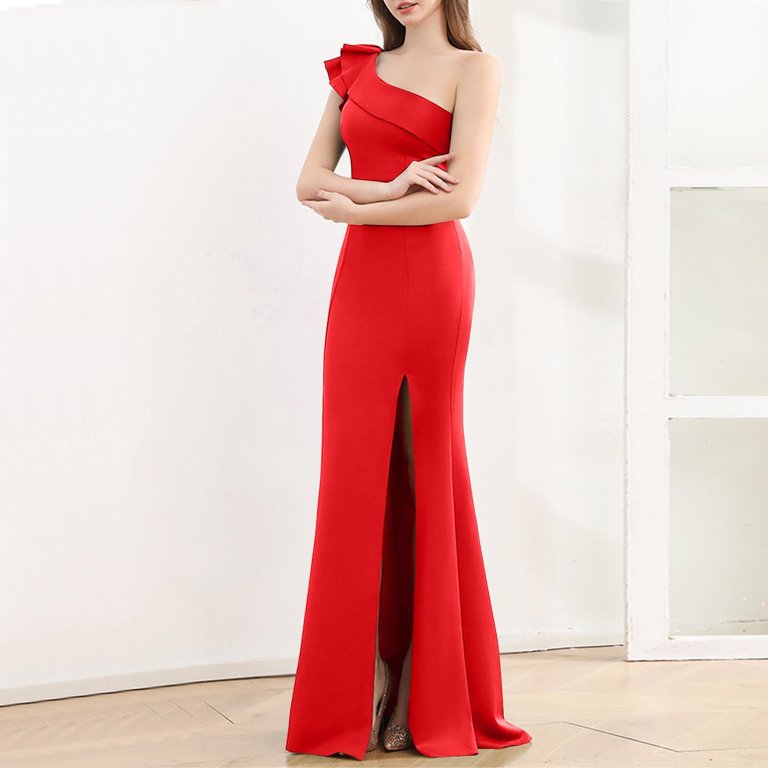 DeHolifer Evening Dress for Women Sleeveless One Shoulder V-Neck Split  Formal Dress Cocktail Party Prom Long Dresses Red M - Walmart.com
