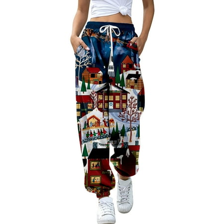 

CAICJ98 Leggings For Women Womens Leisure Pants Christmas Printed Home Pants Wide Leg Pants Pajama Pants Pull Rope Elastic Waist Blue XL