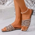 thumbnail image 4 of Flat Sandals for Women, Square Toe Solid Color Cloth Slides with Rhinestone-Encrusted Straps, Slip-On Design, Cushioned Footbed, Synthetic Material, Brown, 4 of 9