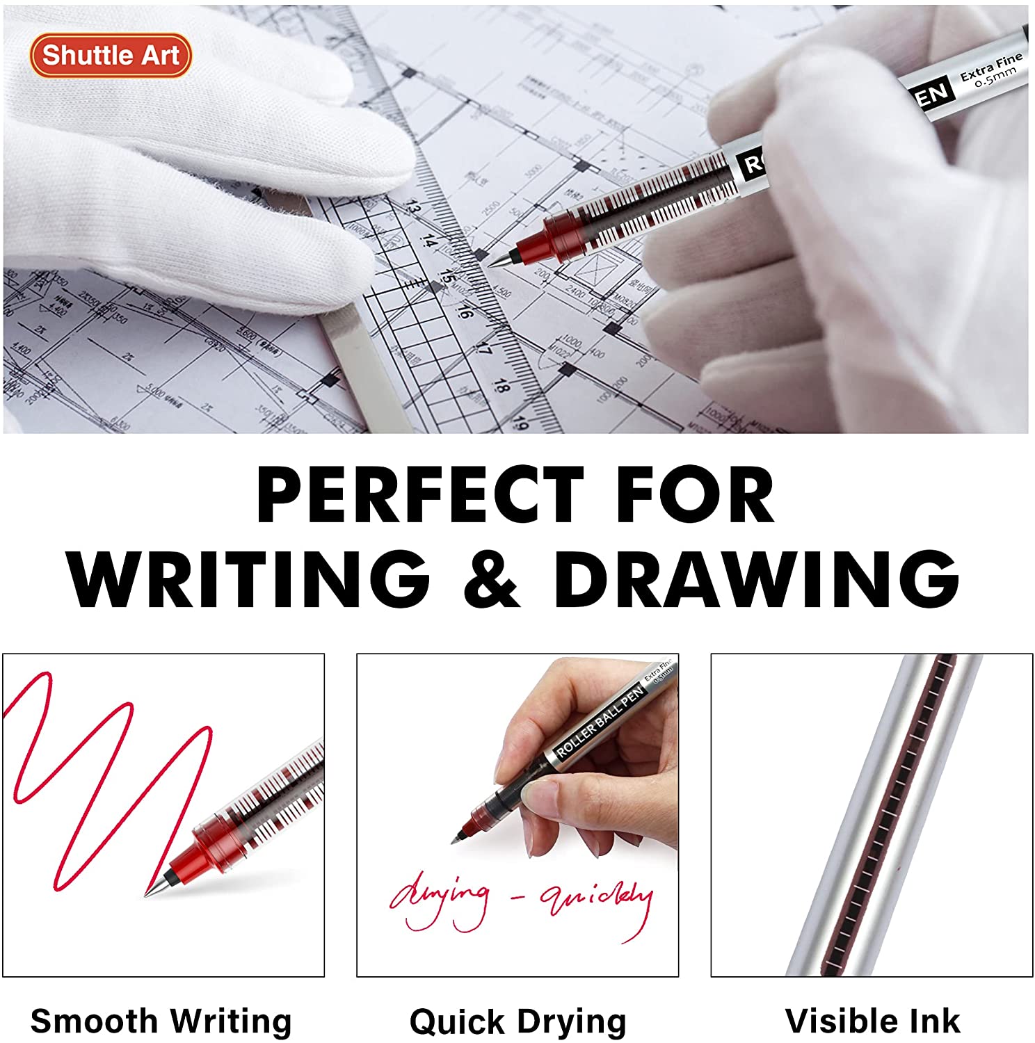 RollerBall Pens, Shuttle Art 25 Pack Red Fine Point Roller Ball Pens, 0.5mm Liquid Ink Pens for Writing Journaling Taking Notes Office
