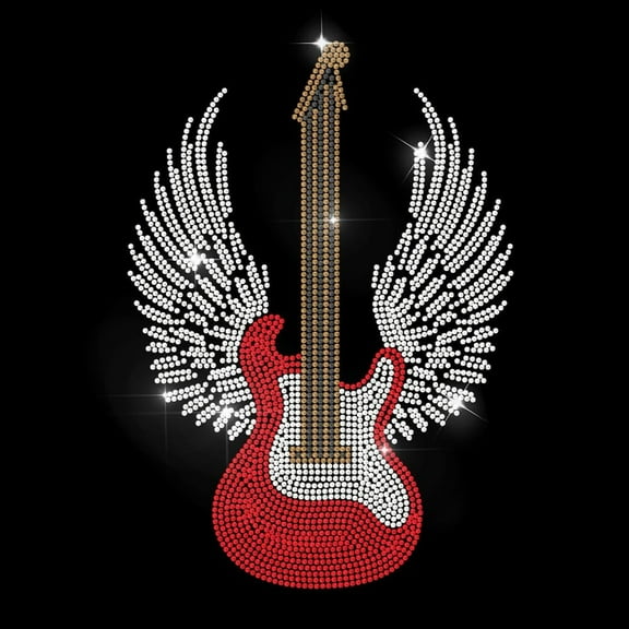 Guitar and Wings Rhinestone Iron on Hotfix Transfer Guitar Instrument Bling DIY Patch Repair Crystal Hot Fix Applique for T-Shirt Jacket Bag Jeans Craft Clothing Accessory