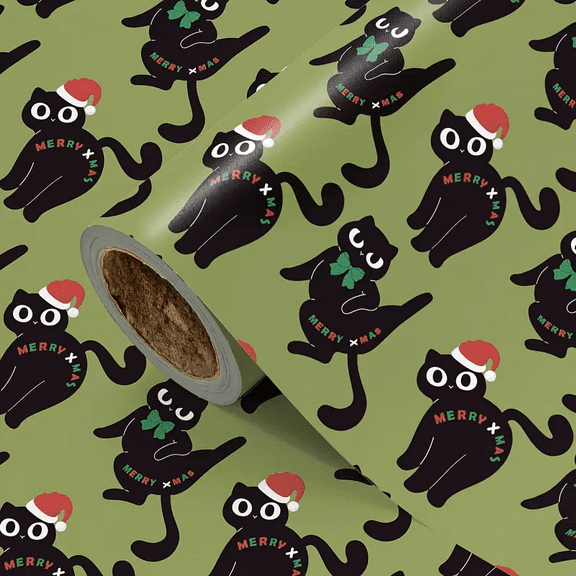 Christmas Wrapping Paper Green Background with Santa Hat & Bow Black Cat Design, Holiday Decorations
