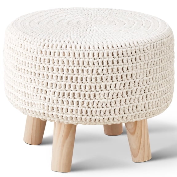 100% Hand Knitted Pouf, Round Footrest with 4 Non-Skid Wood Legs, Boho Décor Cotton Rope Pouffe Beside Sofa, Leisure Floor Step Chair for Living Room (Yellow)