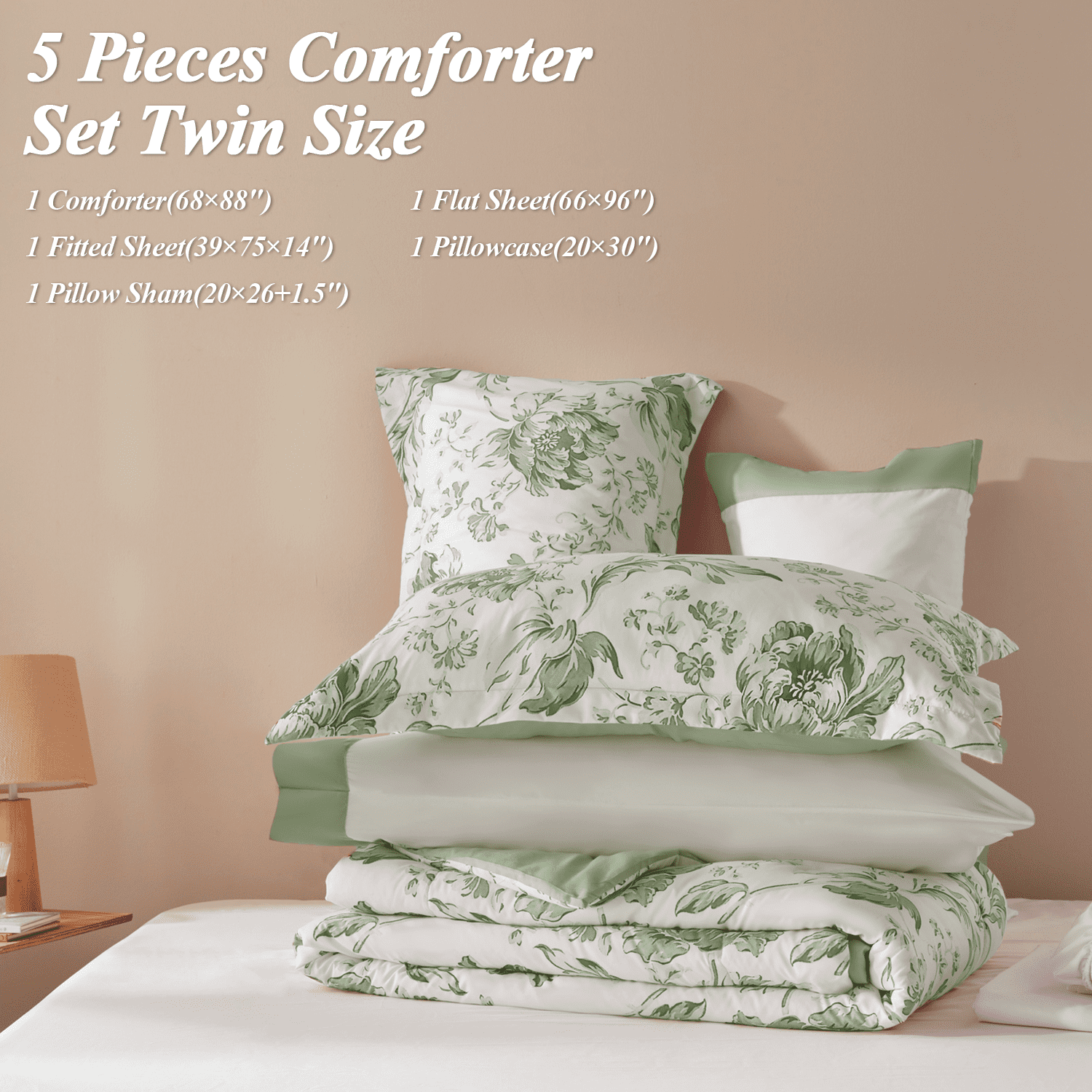 Bedtreat Twin Comforter Sets,5-Pieces Reversible Bedding Sets,Bed in a Bag with Comforter,Flat Sheet and Fitted Sheet,Pillowcase & Sham,Lisse,Tulip Sea