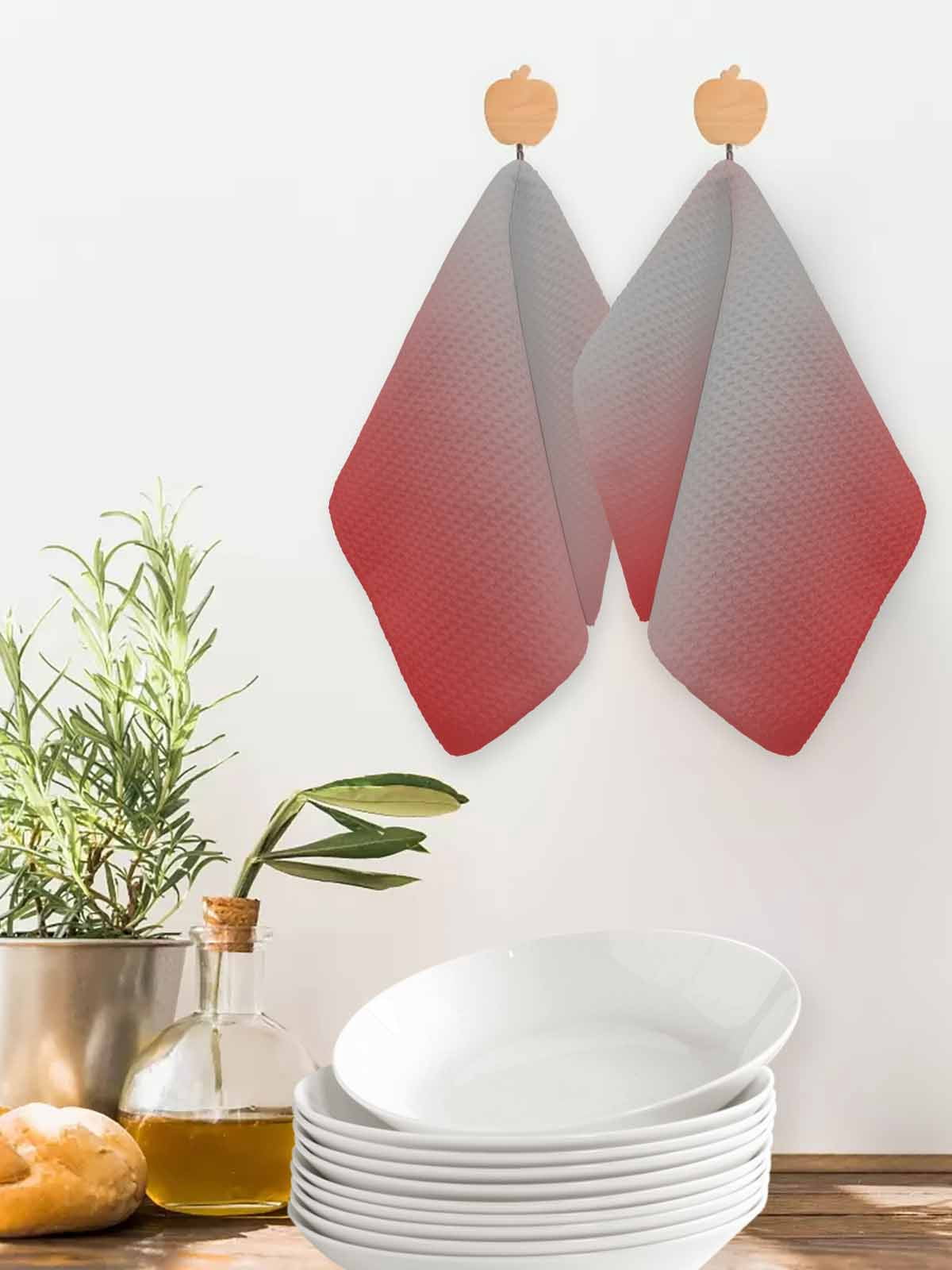 Red Grey Ombre Kitchen Dish Towels for Drying Dishes Set of 4, Modern Gradient Abstract Art Waffle Weave Microfiber Hand Tea Bathroom Towels Quick Dry & Absorbent Towel 12x12