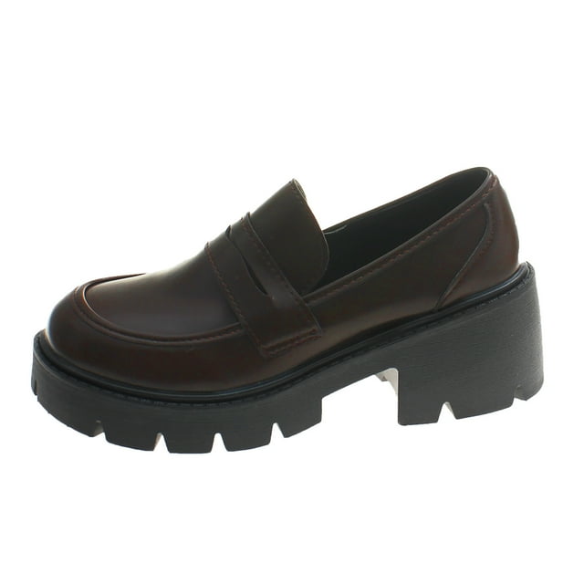 asddcavvf Leisure Women Artificial Leather Solid Color Autumn Thick Sole Square Heels Slip On Lazy P