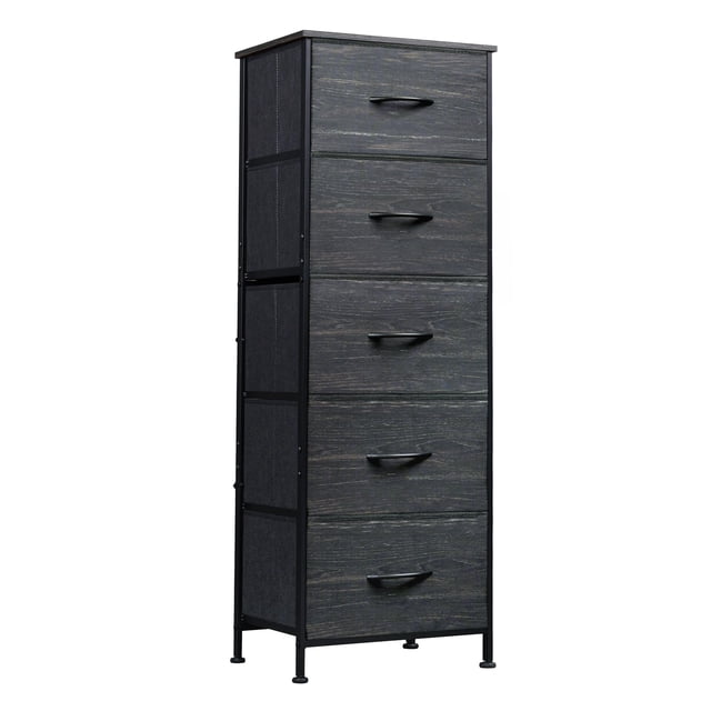 Cómoda WLIVE de tela con 5 cajones y tapa de madera, color negro antracita