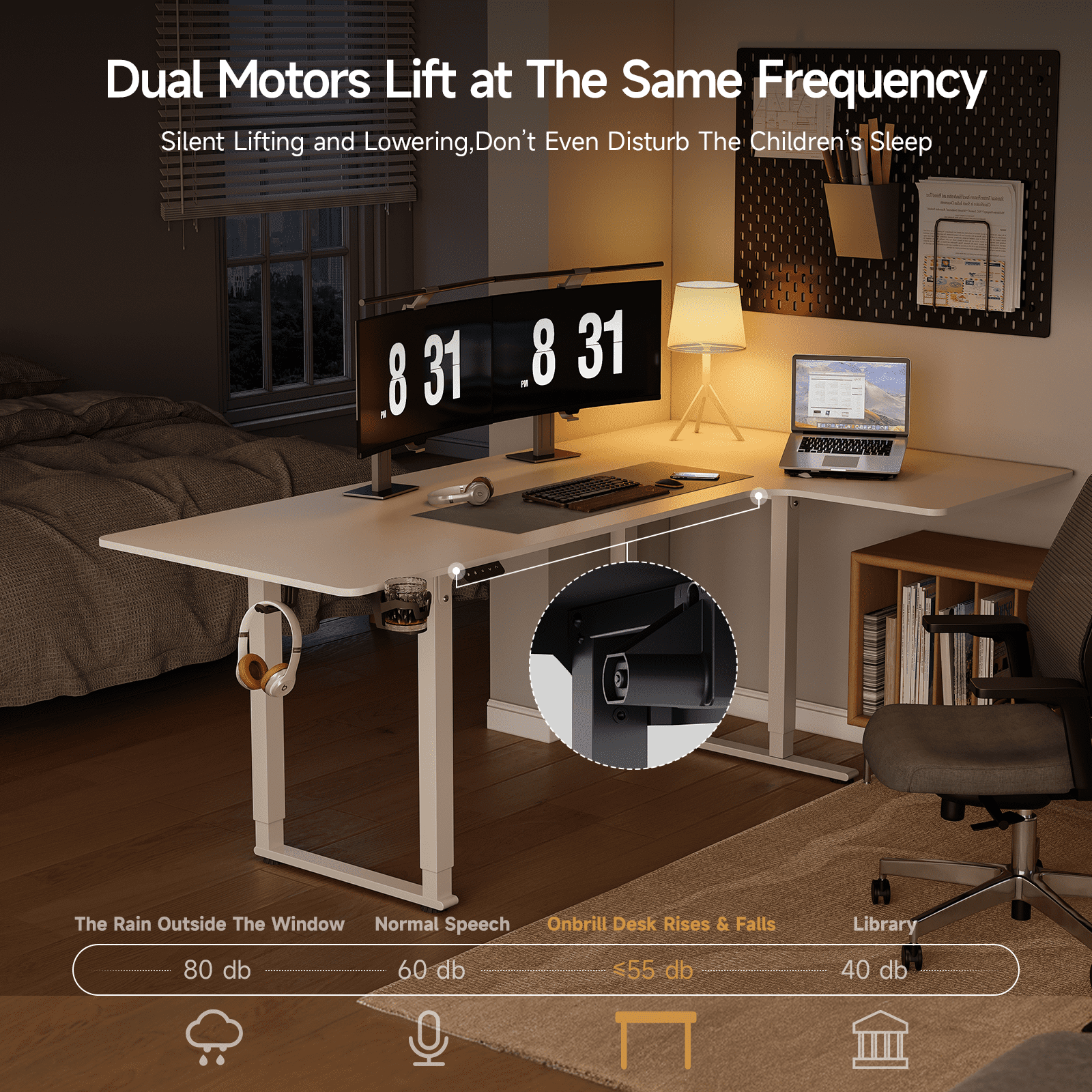 71x43 Inches L Shaped Standing Desk,  Electric L Stand Up Desk with 4 Legs, Adjustable Height from 28-46 Inches for Home and Office, White