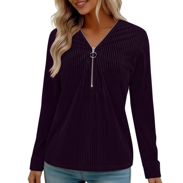 Blusas de Manga Larga para las Mujeres Cremallera de Cuello en V Delantera Color Sólido Top de Moda Casual, Tops de Color Sólido para las Mujeres