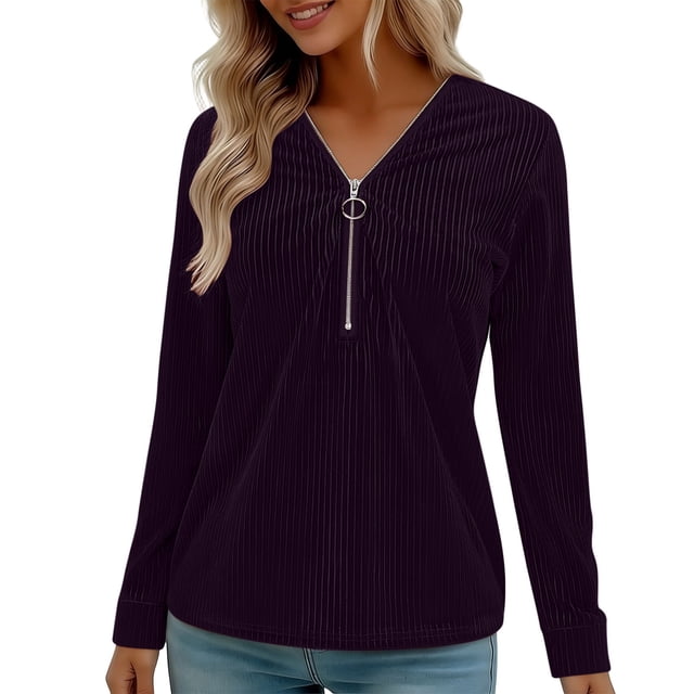 Blusas de Manga Larga para las Mujeres Cremallera de Cuello en V Delantera Color Sólido Top de Moda Casual, Tops de Color Sólido para las Mujeres