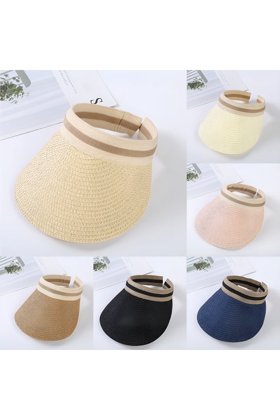 UPF50+ Wide Brim Visor Hats for Women, Straw Beach Sun Hat Roll-up Foldable Ponytail with UV Protection for Summer