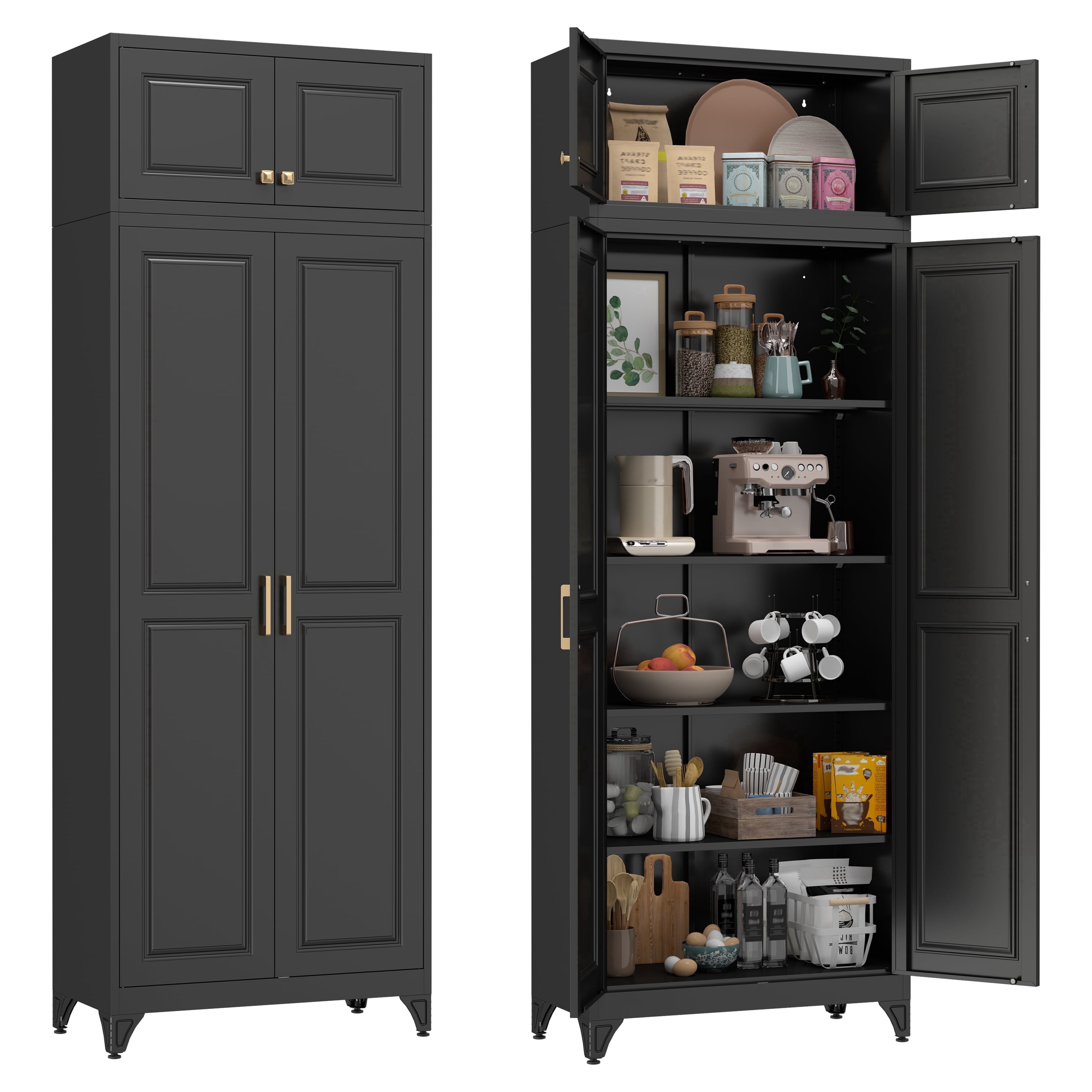 SteeLoong 90"H Black Modern Metal Pantry Storage Cabinet with Doors and 4 Adjustable Shelves for Living Room Kitchen and Home