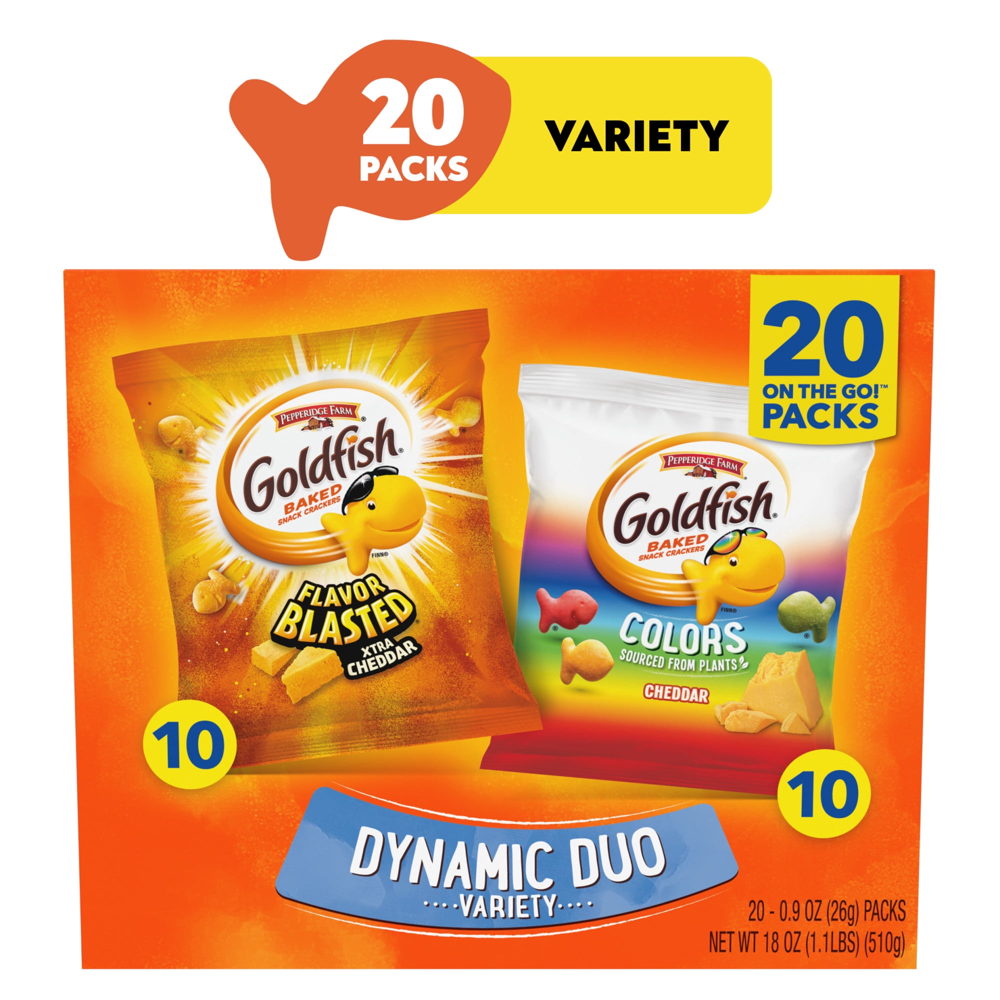 Goldfish Dynamic Duo Colors Crackers, Cheddar & Flavor Blasted Xtra Cheddar Snack Pack, 0.9 oz, 20-Count Variety Pack Box