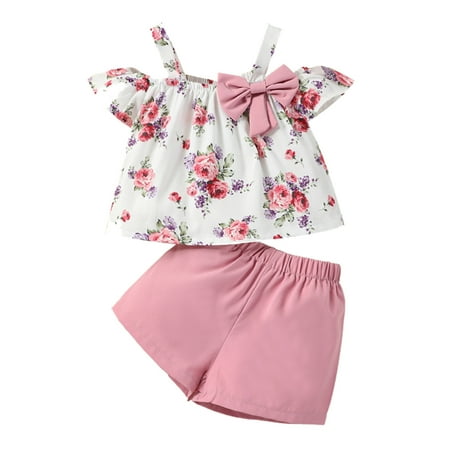 

Infant Baby Toddler Girls Outfit Set Sleeveless Flowers Prints Bow Tie Tops Short Pants Outfits For 3-4 Years