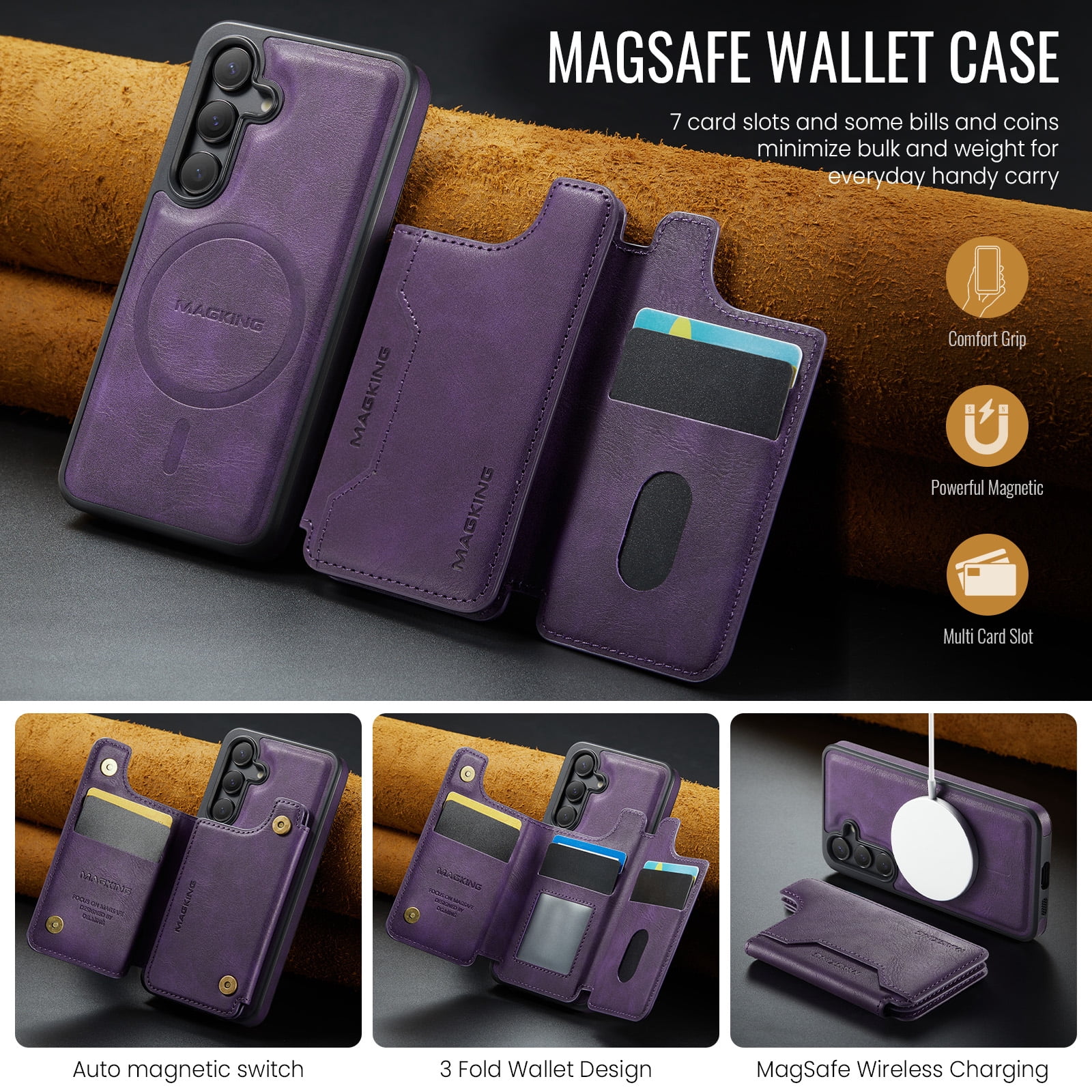 Designed for Samsung Galaxy S25+ Wallet Phone Case,Magnetic Detachable Flip Card Holder,Back Flip Kickstand,Compatible with Mag-Safe,2-in-1 PU Leather Heavy Duty Shockproof Phone Case,Purple