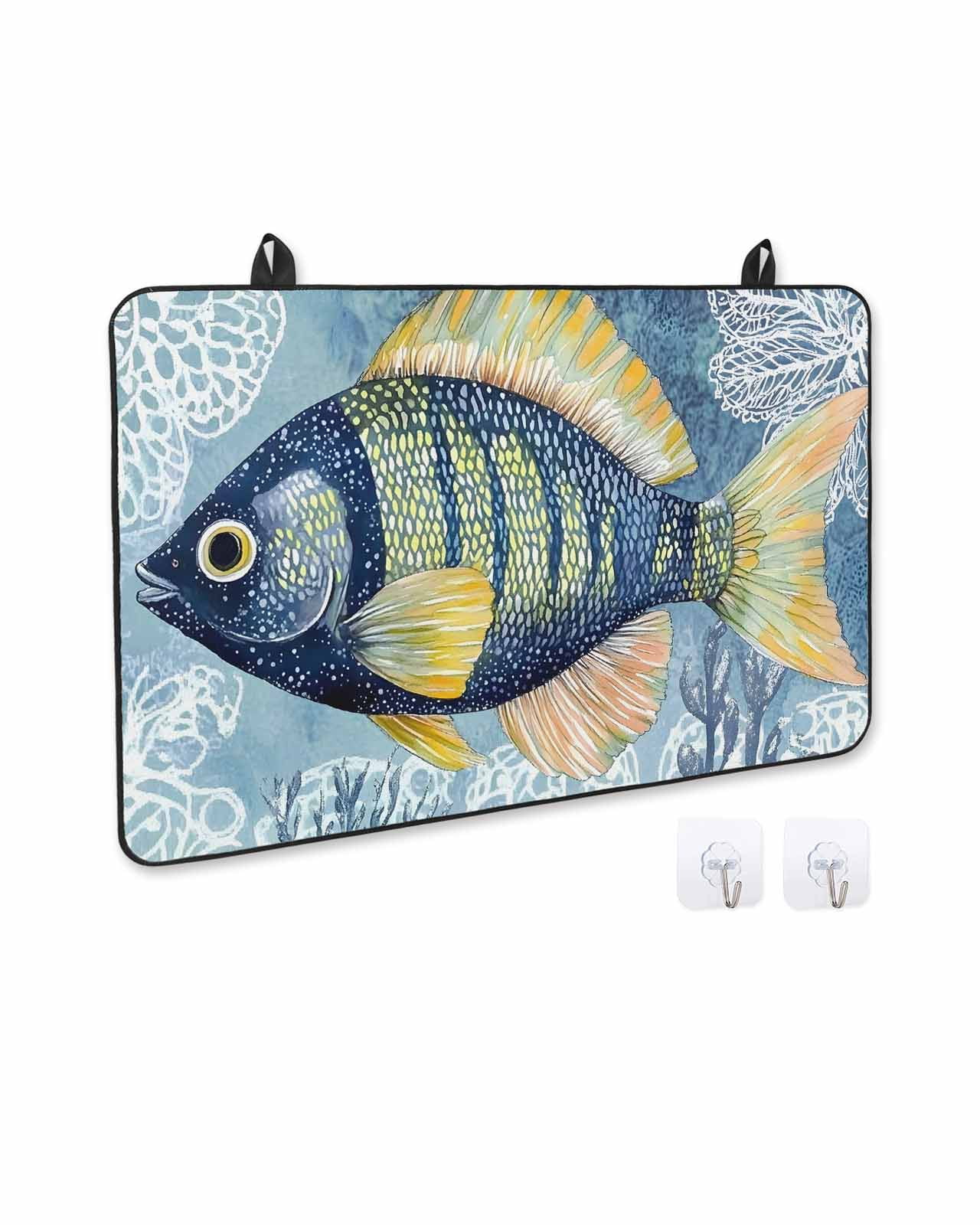 nqOlkjepod Large Induction Cooktop Protector Mat 24"x21", Blue Yellow Fish Stove Top Covers for Electric Stove, Summer Ocean Watercolor Coral Stove Burner Cover Mats, Glass Top Stove Cover