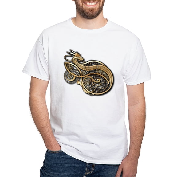 CafePress - Gold Norse Dragon White T Shirt - Men's White Classic Cotton T-Shirts