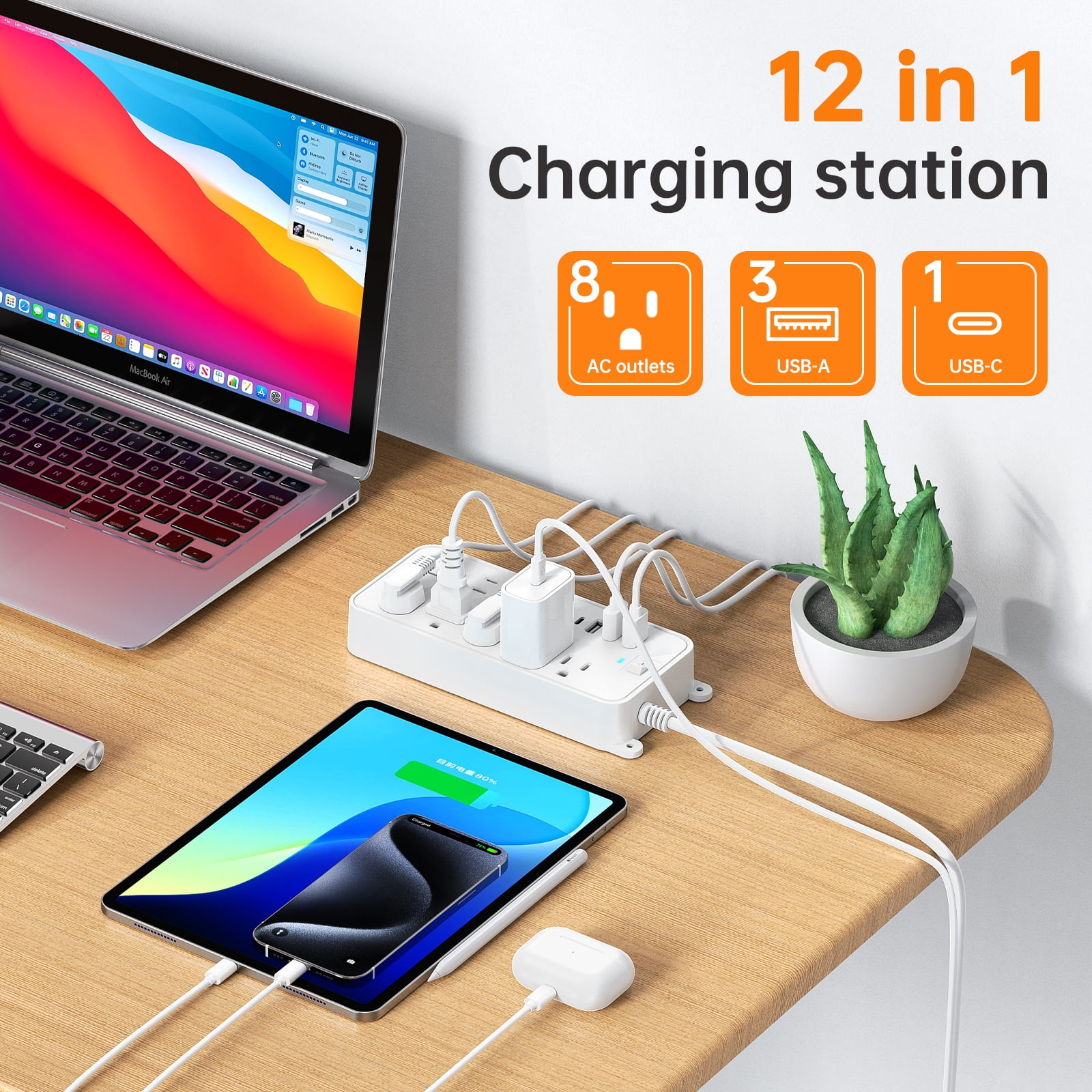 BEISHINK 12 - Socket Surge Protector Power Cord with 4 USB Ports - 4 - Foot Extension Cord, Plug and Computer - Safe White