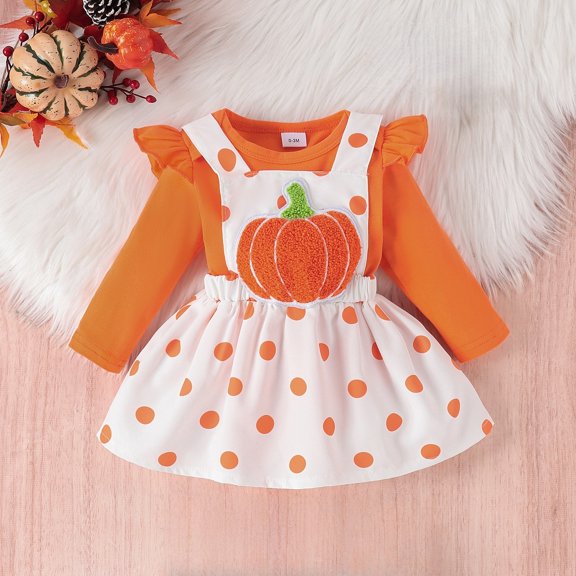 EnJoCho Baby Girl Halloween Dress - Ruffle Romper & Suspender Skirt Set with Pumpkin Witch Embroidery, Fuzzy Fall Outfit