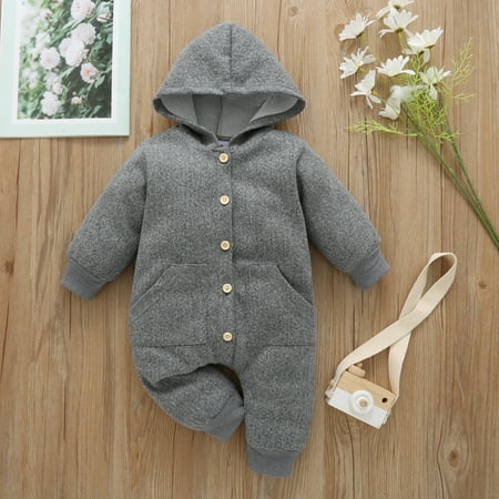 

PatPat Unisex Baby Button Down Hoodie Jumpsuit Long Sleeve Warm Coverall Romper with Pockets Onesie Outfit Fall Winter Warm Clothes Bodysuit 0-18Month