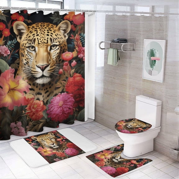 Flower Leopard 4Pcs Shower Curtain Set Shower Curtain Set with Carpet Bath Mat