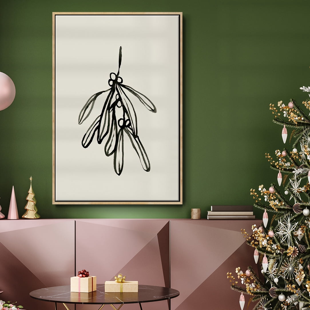 Mistletoe Sketch II - Framed Gallery Wrapped Holiday Canvas - 17 x 25 - Natural Wood Frame