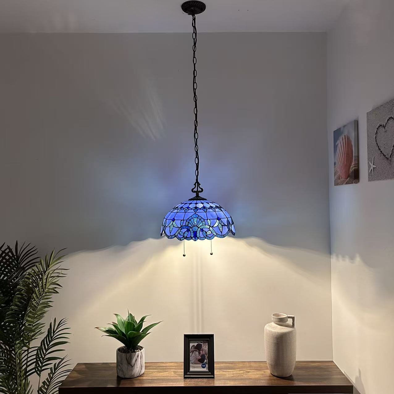 Blue Stained Glass Pendant Lights Fixture Baroque Style LED Bulb Included for Dining Room  Kitchen 16"W*16"D*75"H