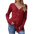 thumbnail image 4 of TWZH Women Solid Color Single-Breasted Waffle Long Sleeves Cardigan Knitwear Tops, 4 of 6