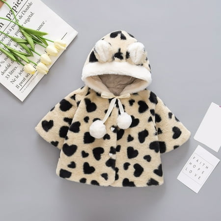 

Herrnalise Toddler Baby Girls Solid Color Heart Print Plush Cute Bear Ears Winter Hoodie Thick Coat Jacket
