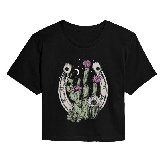 Instant Message - Western Horseshoe Cactus Cropped Graphic T-Shirt