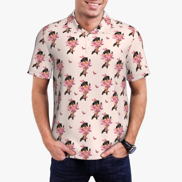 Fotbe Dachshund Dog Heart Camiseta Polo de Golf para Hombre con Estampado – Camisa Deportiva Transpirable con Cuello Abotonado-4X-Large