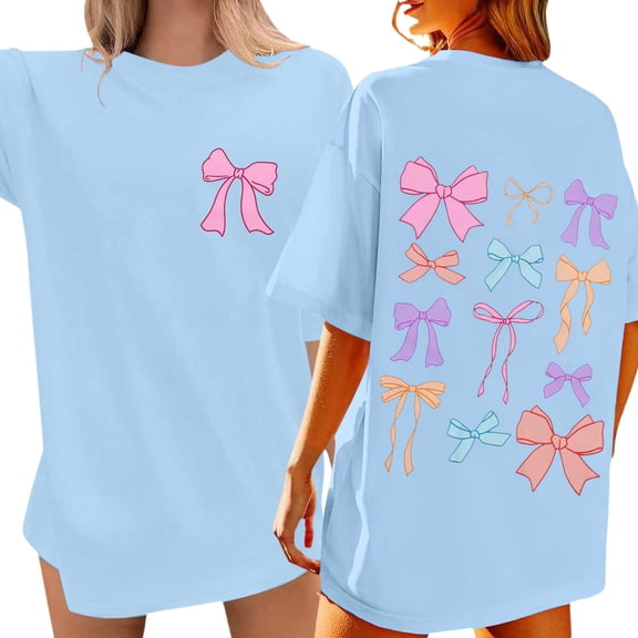 DHFJKG Short Sleeve Shirts For Women Oversized Bow Print Graphic Tee Crewneck Vintage Tshirts Casual Baggy Streetwear Trendy Tops