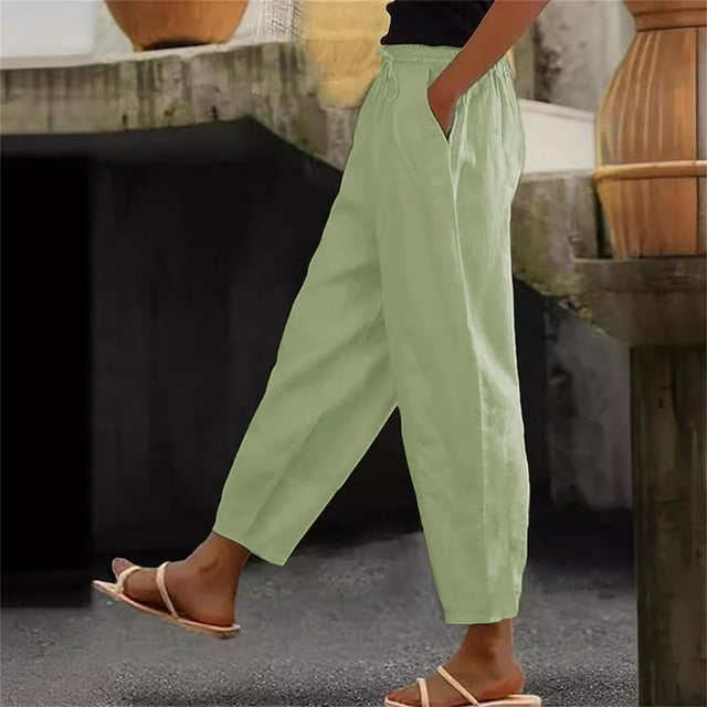 Karight Cotton Linen Pants for Women Summer Gauze Drawstring High Waisted Lounge Trouser Casual Beach Vacation Clothes