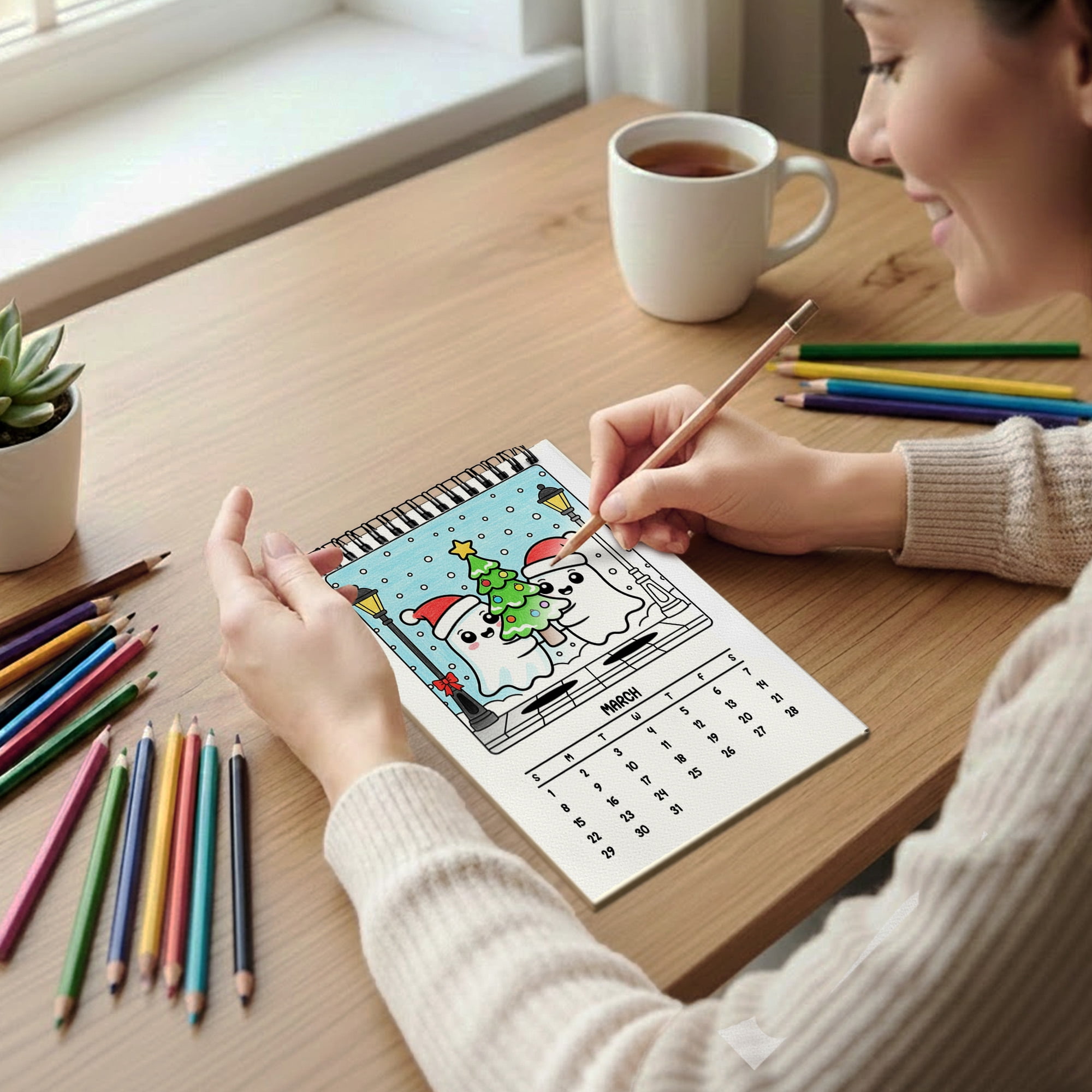 Spooky Xmas Coloring Desk Calendar 2026–2027, A5 Wooden Cover Planner with 26 Easy Coloring Pages for Adult Relaxation, 24 Month Desktop Calendar with Stand, Gift for Family & Friends