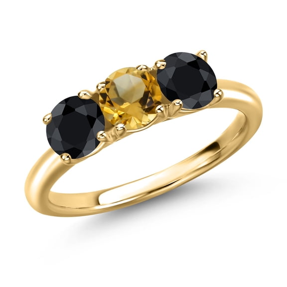 Gem Stone King 18K Yellow Gold Plated Silver Yellow Citrine and Black Sapphire Engagement Ring for Women | 1.83 Cttw | Round 5MM | Gemstone November Birthstone | Size 7