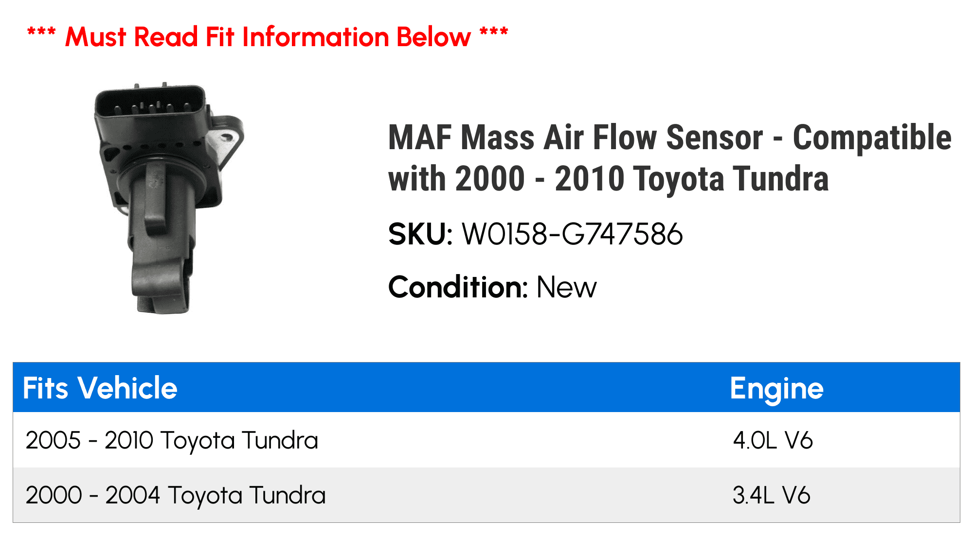 MAF Mass Air Flow Sensor - Compatible with 2000 - 2010 Toyota Tundra 2001 2002 2003 2004 2005 2006 2007 2008 2009