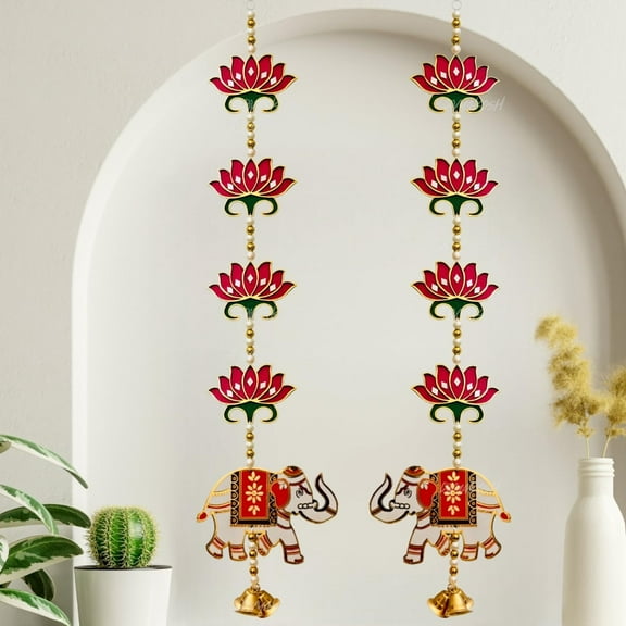 Rosewood Door Hangings for Home Decoration | Temple Decoration Items | Pooja Decoration Items, Red Lotus with Elephant Hanging Wall/Door Decoration for Home | 2 Pieces | 26 Inch |