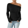 thumbnail image 2 of Blouses for Women Casual Solid Color Slanted Collar Off Shoulder Long Sleeved Top, 2 of 7