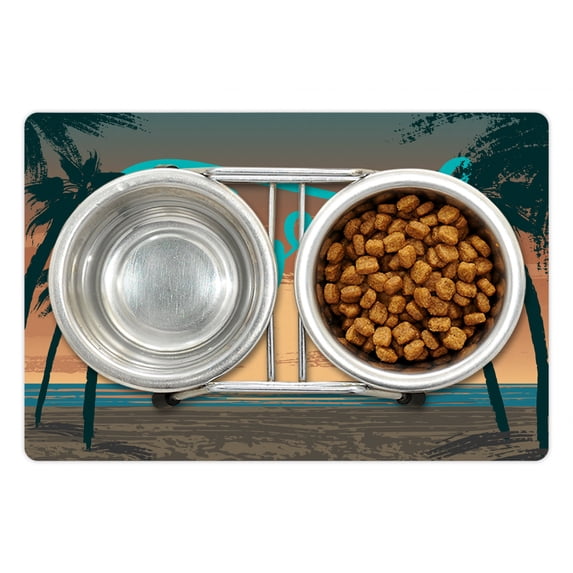 Florida Pet Mat for Food and Water, Hand Painting Style Grungy Sunset Scenery at Coastline with Palm Tree Silhouettes, Non-Slip Rubber Mat for Dogs and Cats, 18" X 12", by Ambesonne