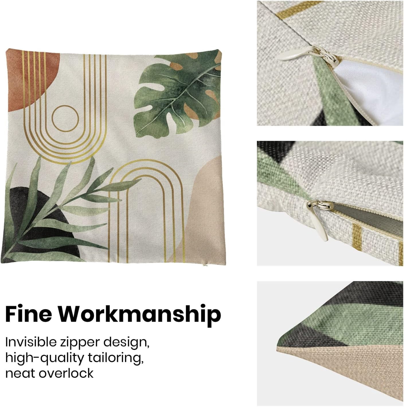 Boho Pillow Covers 16x16 Set of 2, Green Leaf Mid Century Farmhouse Decorations Throw Pillow Covers Modern Tropical Bohemian Outdoor Decorative Linen Cushion Case for Couch Sofa Home