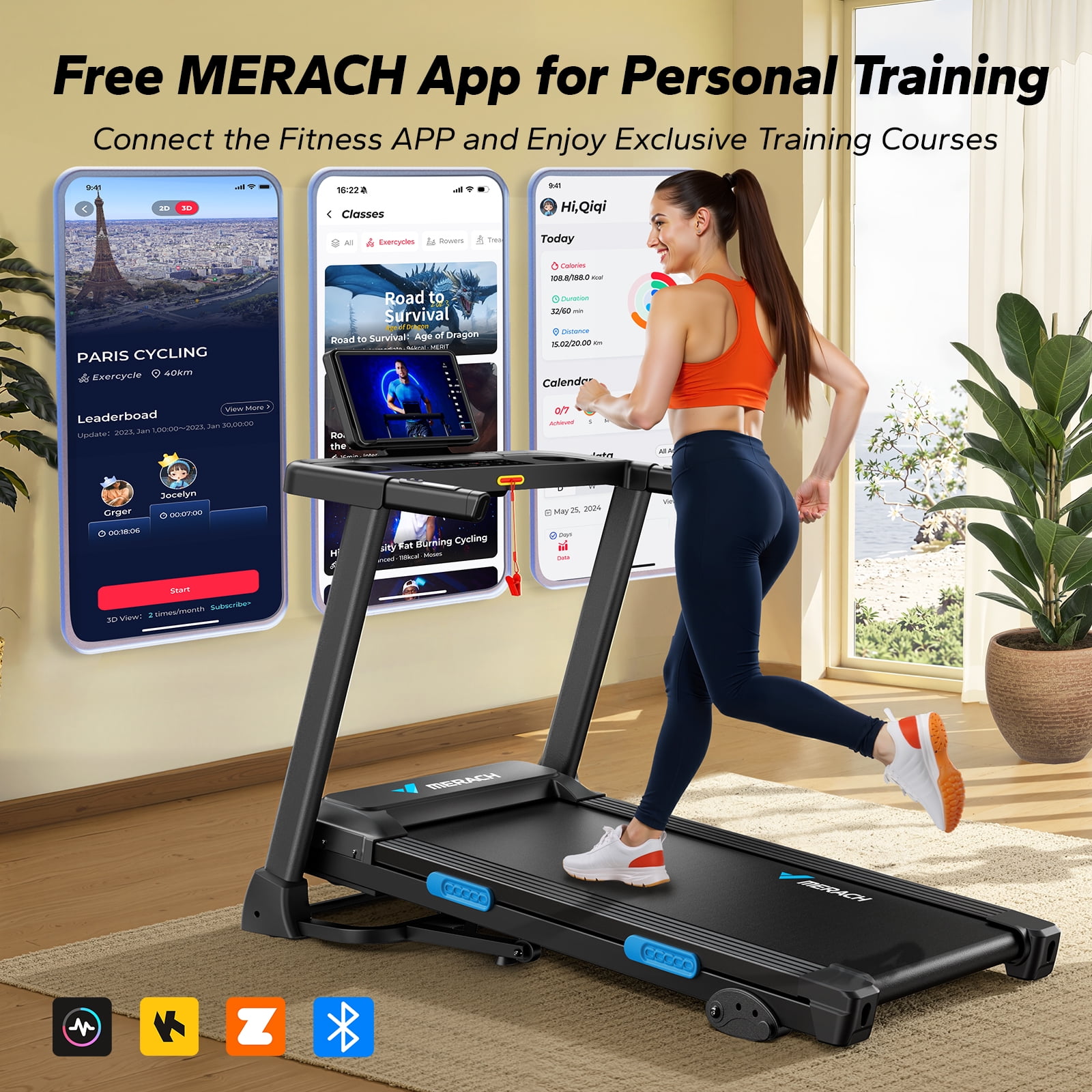 MERACH Folding Treadmill with 15% Auto Incline, Fitness Treadmill for Home with APP, 300 lbs Capacity
