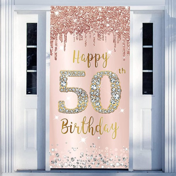 Banner de puerta para feliz 50 cumpleaños, decoración para mujer, fondo para cartel de puerta de fiesta de 50 cumpleaños en rosa y oro rosa, suministros para posavasos de cumpleaños de cincuenta años