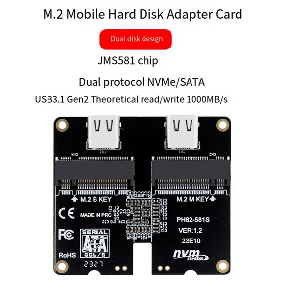 M.2 NVMe SATA SSD Enclosure Adapter Card 4TB JMS581 Type-C USB3.1 Gen2 10Gbps HDD Enc1616