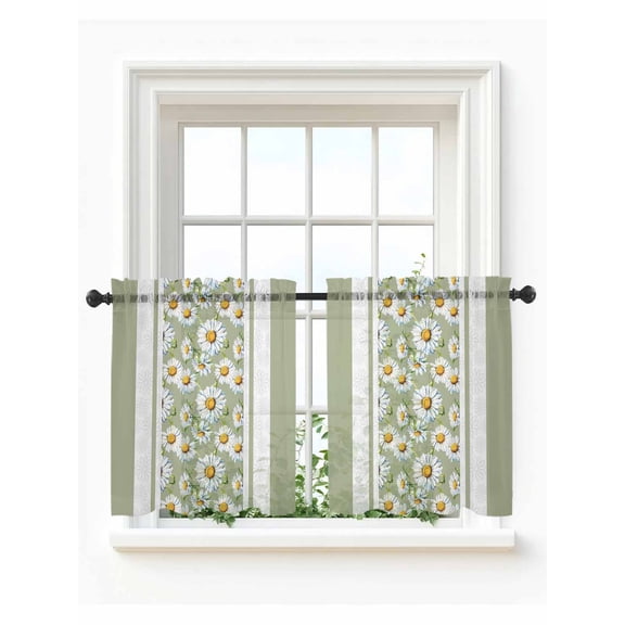 Sage Green Daisy Tier Curtains 36 Inch Length,Sheer Curtains for Bedroom Living Room Window Farmhouse Floral Green Striped Rod Pocket Drapes Kitchen Curtains Small Half Window 27.5"x36" 2 Panels